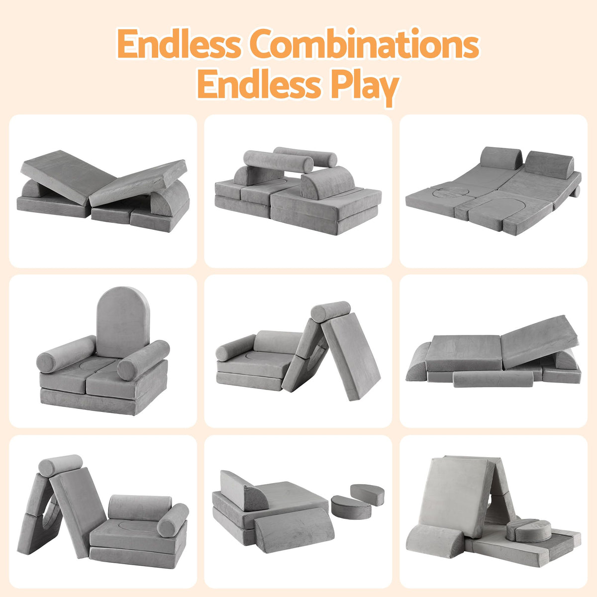 Keezi 12 Piece Modular Kids Play Sofa Foam Set Grey