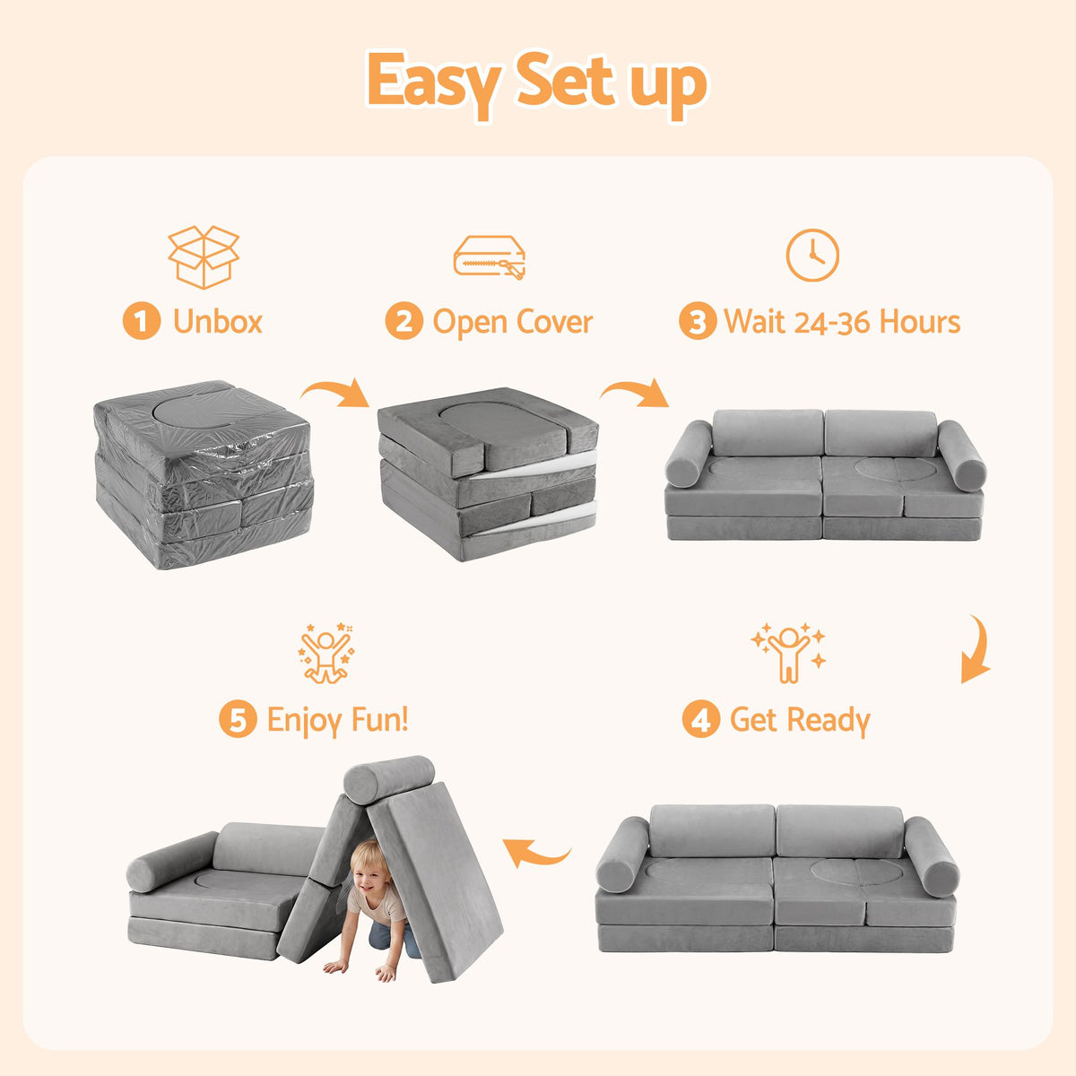 Keezi 12 Piece Modular Kids Play Sofa Foam Set Grey