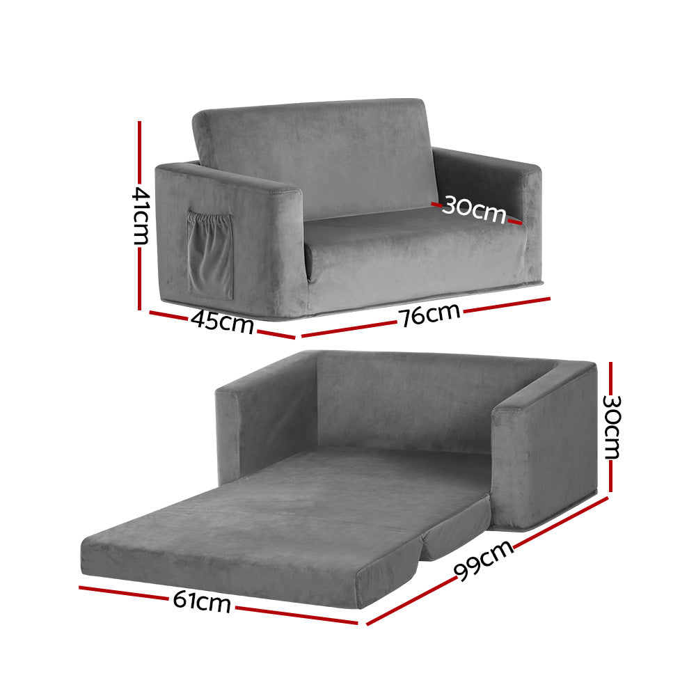 Keezi Kids 2-Seater Fold-Out Sofa Bed Velvet Armchair Grey