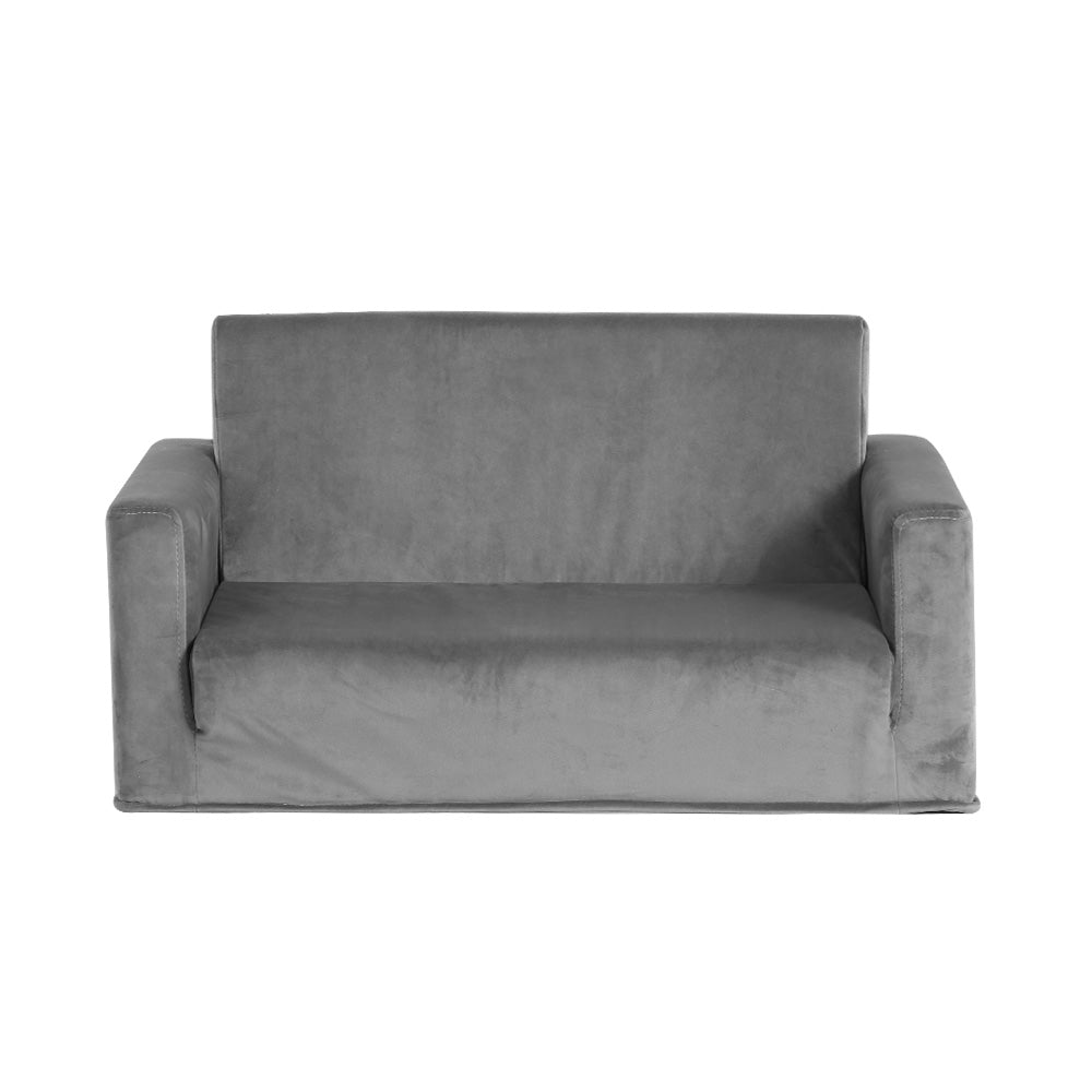 Keezi Kids 2-Seater Fold-Out Sofa Bed Velvet Armchair Grey