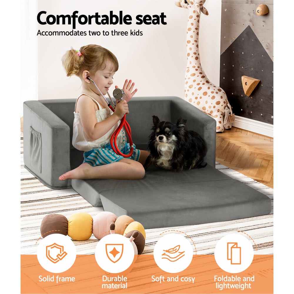 Keezi Kids 2-Seater Fold-Out Sofa Bed Velvet Armchair Grey
