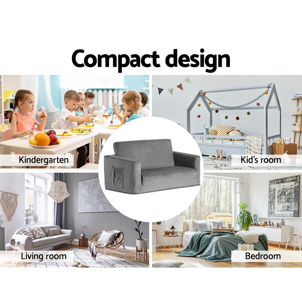 Keezi Kids 2-Seater Fold-Out Sofa Bed Velvet Armchair Grey