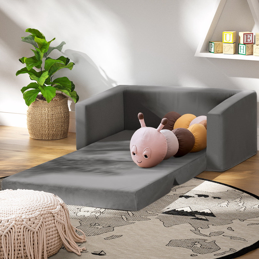 Keezi Kids 2-Seater Fold-Out Sofa Bed Velvet Armchair Grey