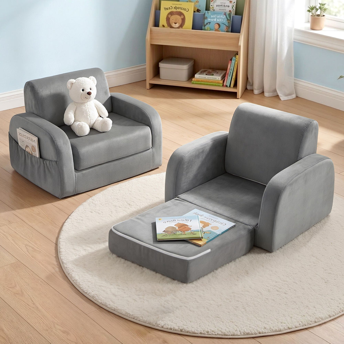 Keezi Kids Sofa 1 Seater Flip Open Lounger Soft Grey