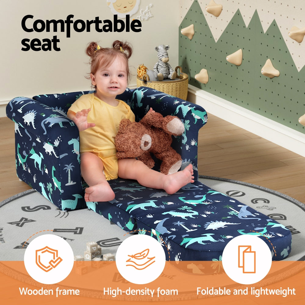 Keezi Kids Sofa 2 Seater Children Flip Open Couch Lounger Armchair Dinosaur Navy
