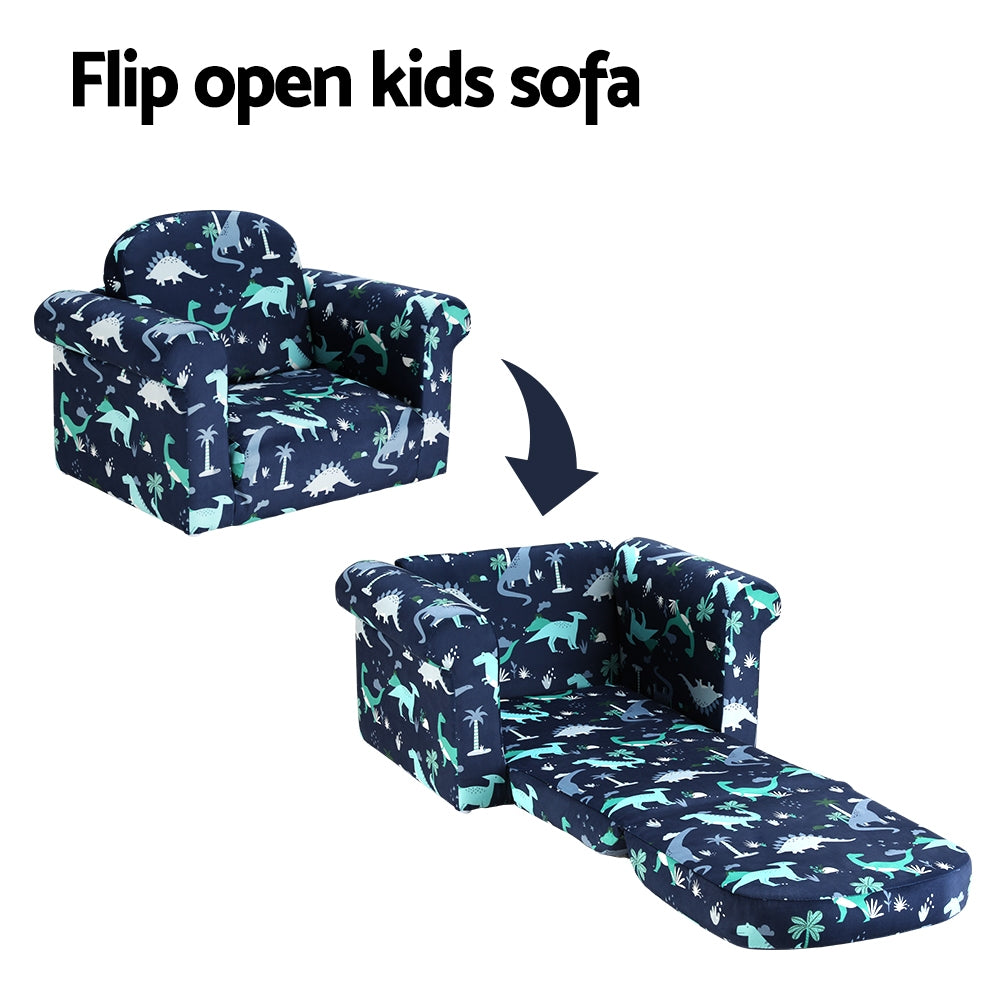 Keezi Kids Sofa 2 Seater Children Flip Open Couch Lounger Armchair Dinosaur Navy