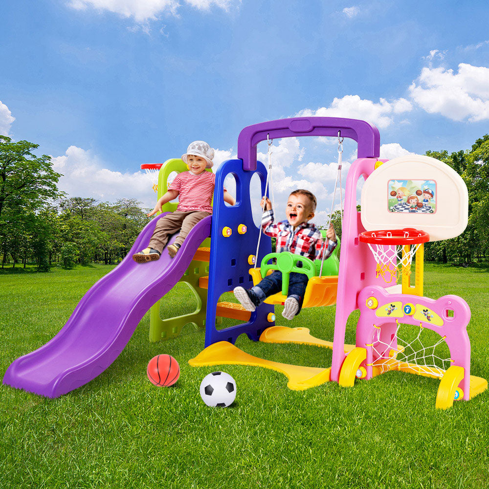 Keezi 140cm Kids Slide Swing Set Basketball Hoop Purple