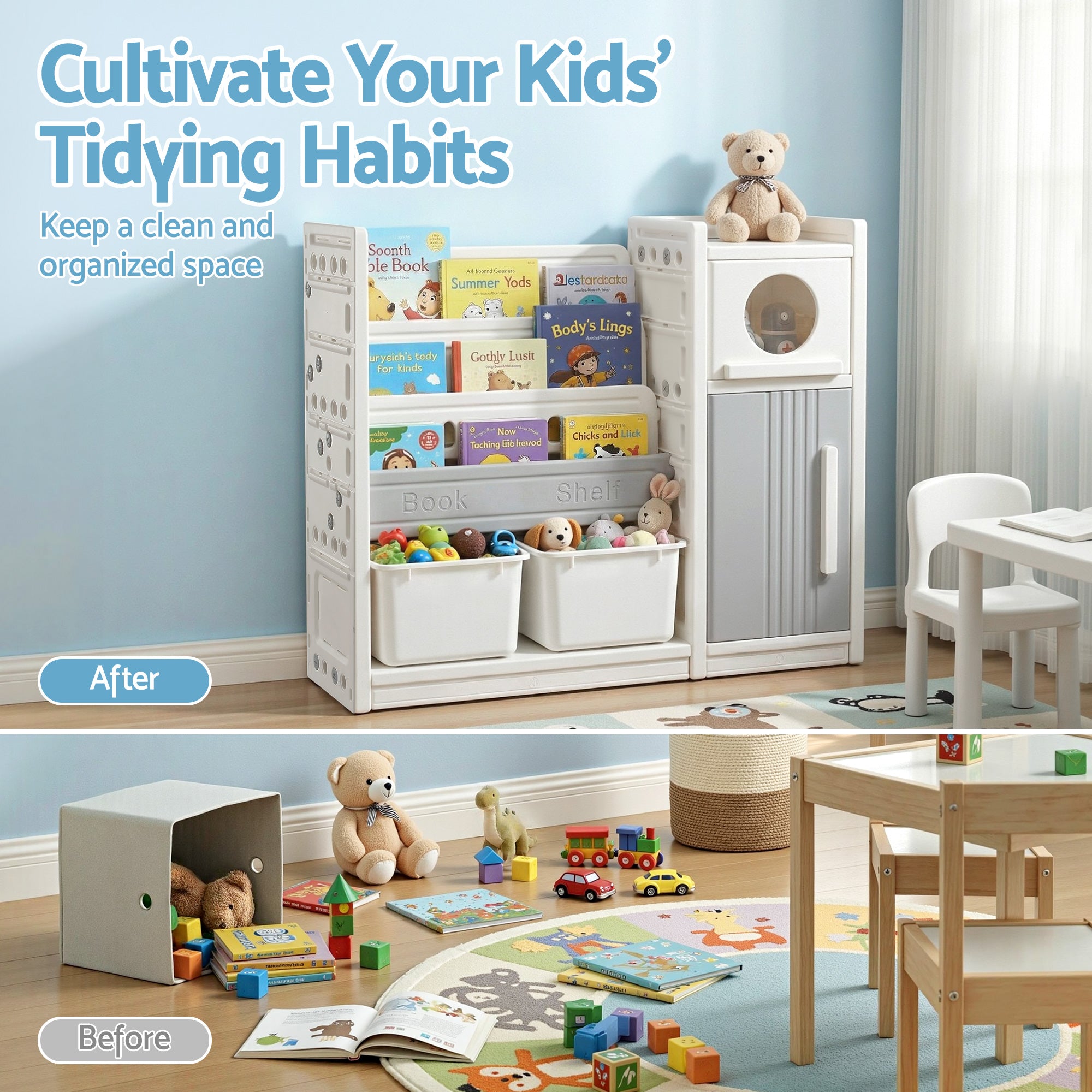 Keezi Kids Bookshelf and Toy Storage Organizer with 3-Tier Bookshelvs, 2 Removable Bins and 2 Storage Cabinets, Toddler Bookshelf with Toy Organizer for Kids' Rooms, Playrooms