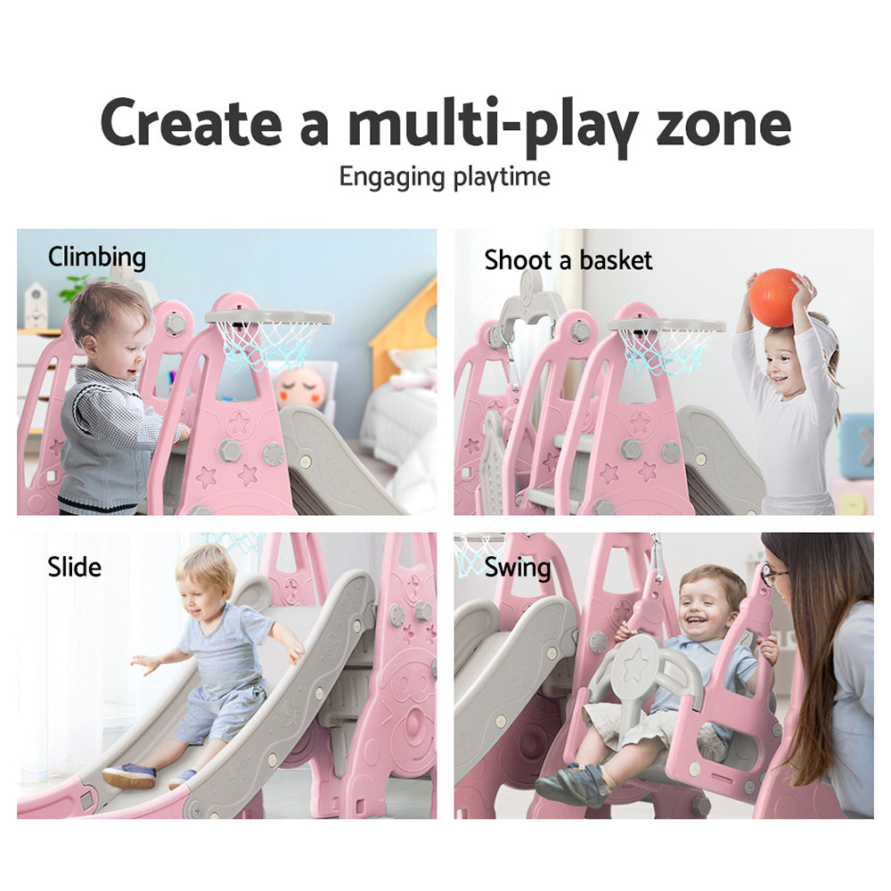 Keezi 170cm Kids Slide Swing Set Basketball Hoop Pink