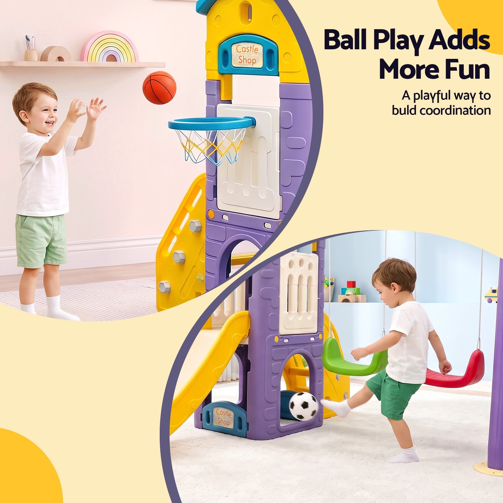 Keezi Kids 4-in-1 Slide Swing Set Double Swing Basketball Hoop Playhouse