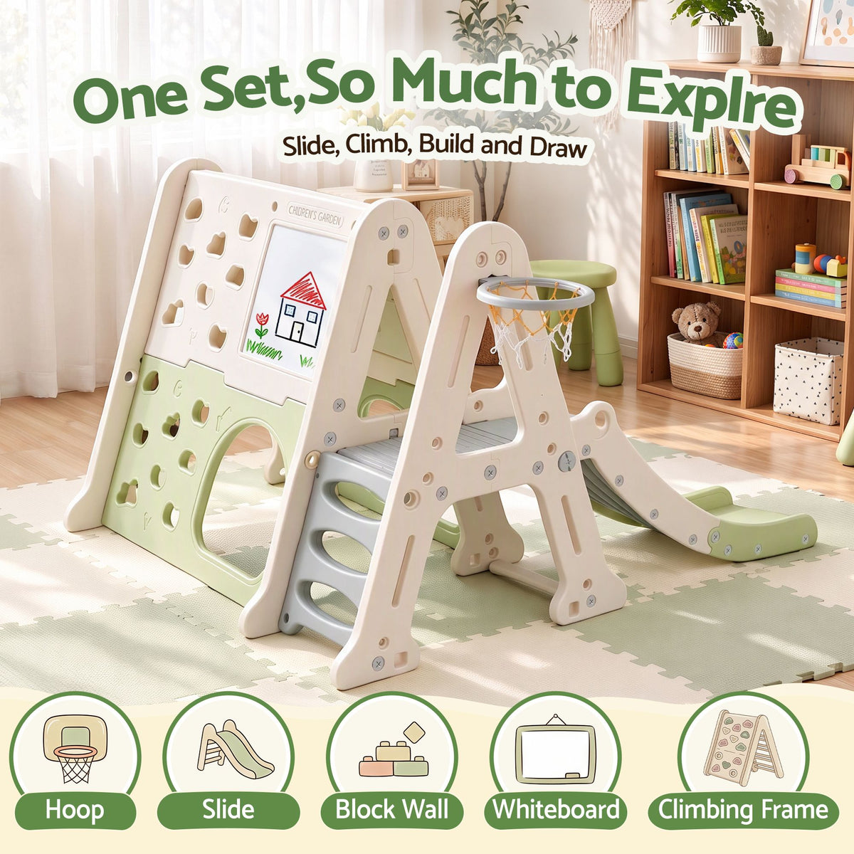 Keezi 5-in-1 Kids Slide Climbing Frame Basketball Hoop Play Set Blocks 3+