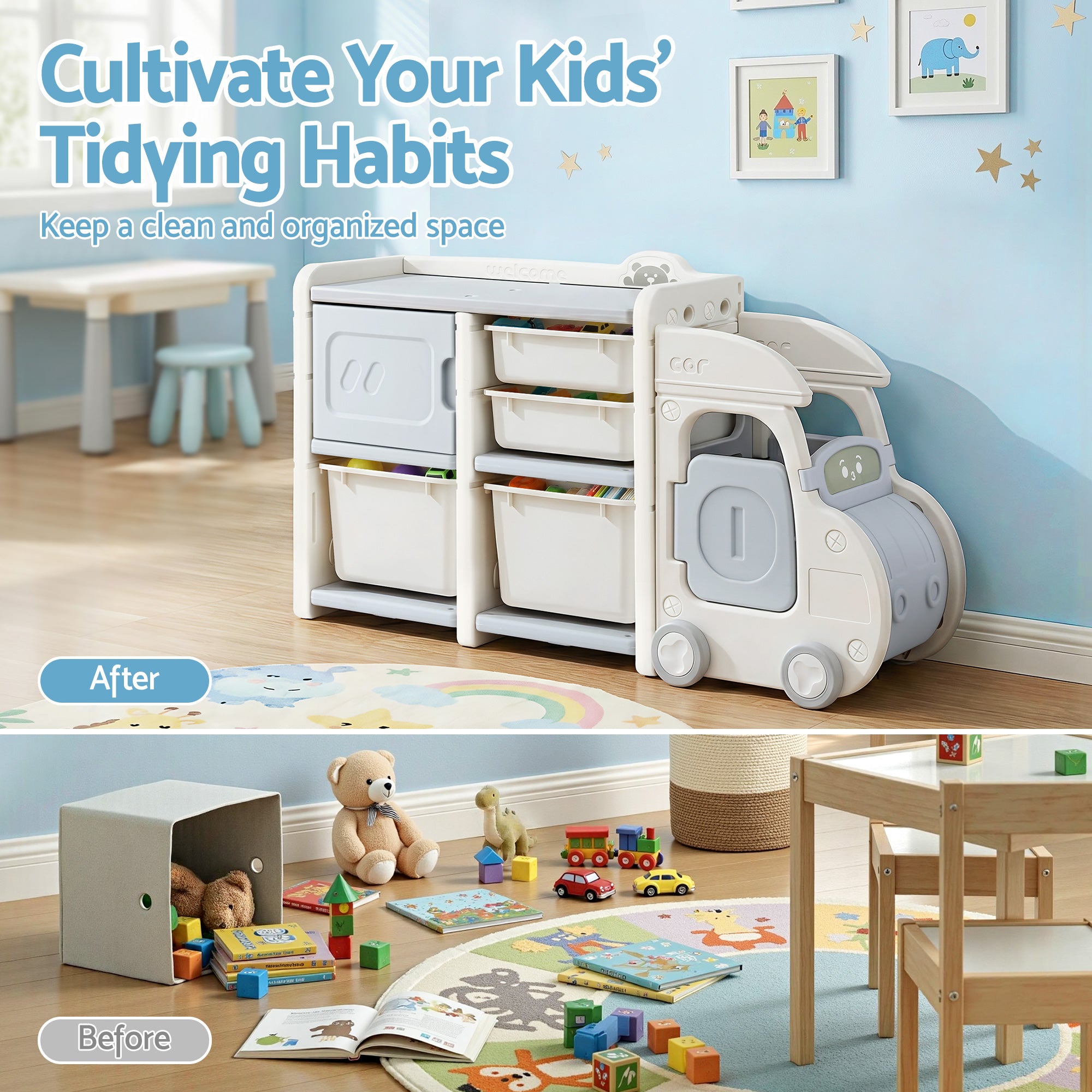 Keezi Toy Storage Organizer with 4 Storage Bins and Cabinet, Bookcase Kids Toys Box, Toy Storage for Kids Room, Playroom, Bedroom, Nursery, Car Shaped