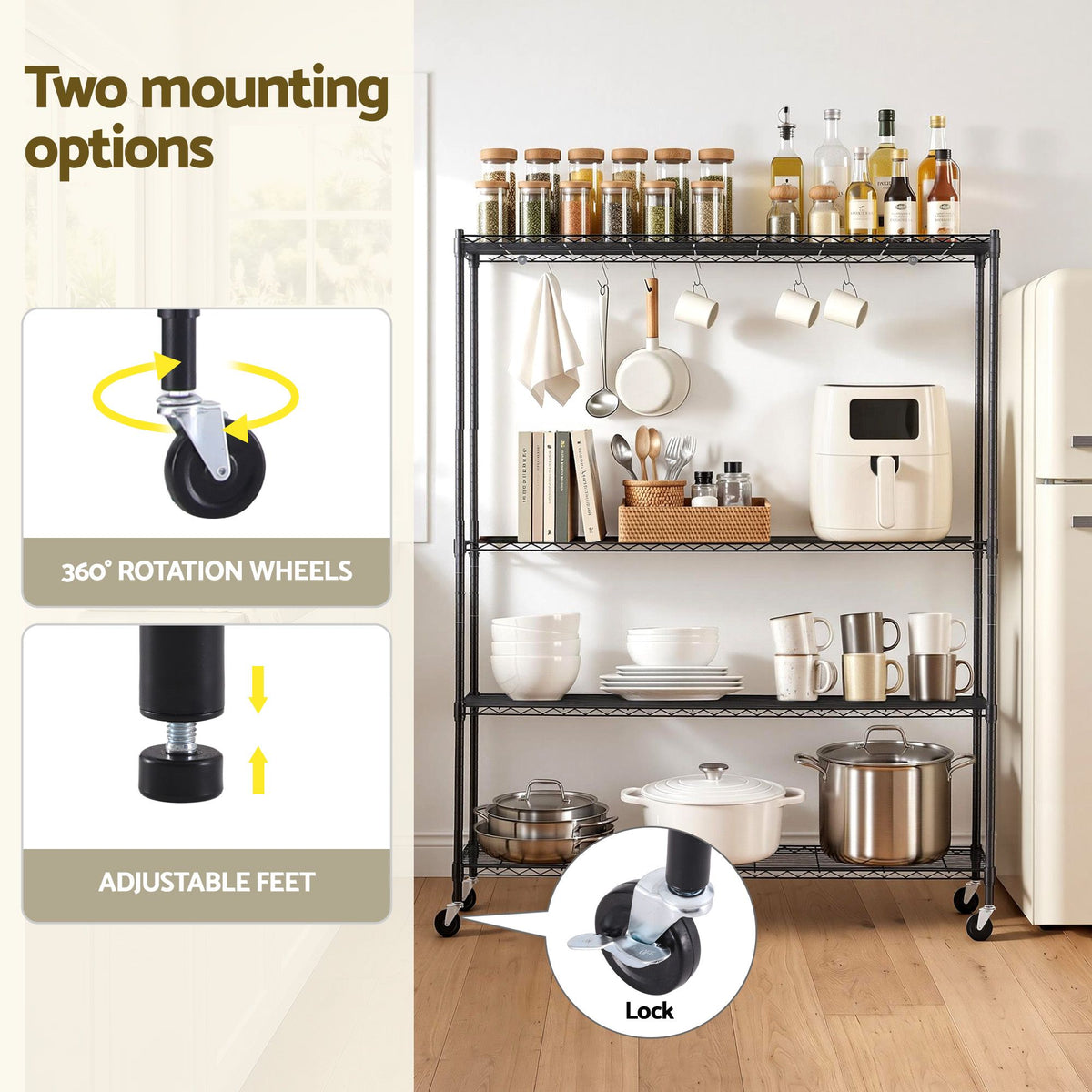 Artiss 4-Tier Kitchen Rack Shelf with Wheels 152x45x187CM