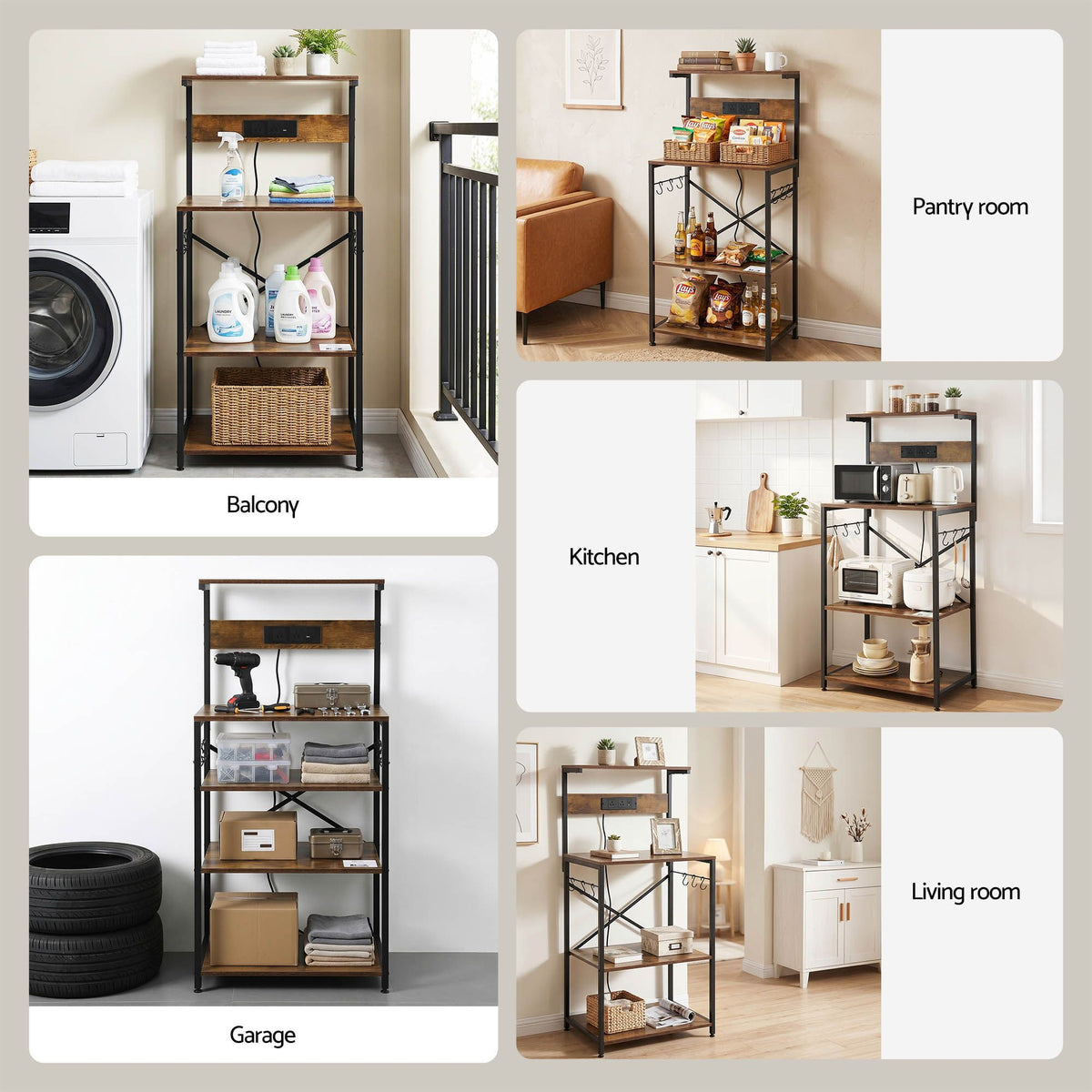 Artiss 4-Tier Kitchen Utility Rack with 2 Power Outlets