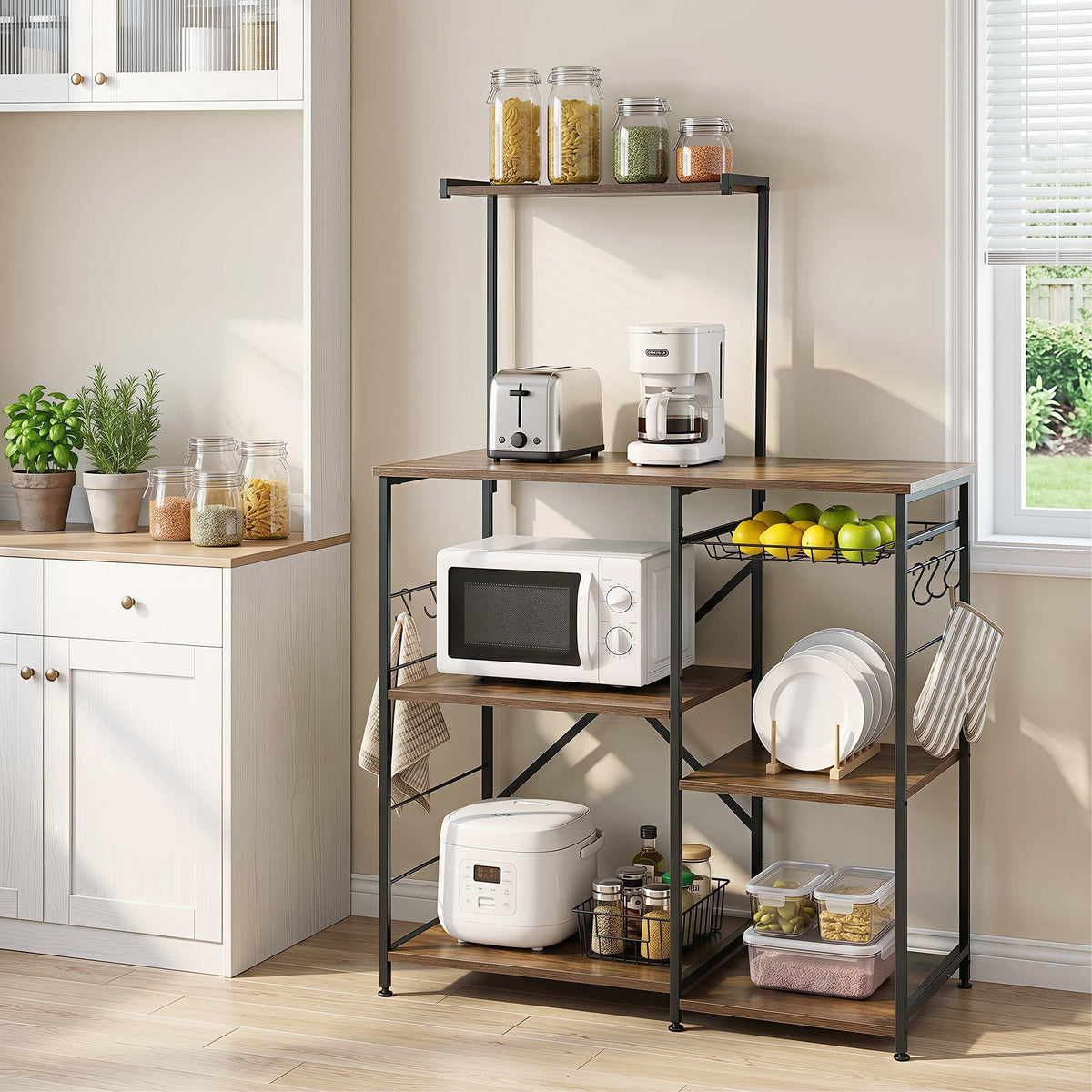 Artiss 4 Tier Kitchen Storage Rack with Pull Out Basket and 6 Hooks