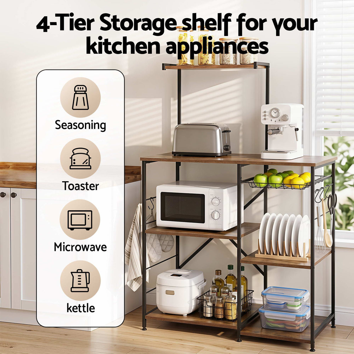 Artiss 4 Tier Kitchen Storage Rack with Pull Out Basket and 6 Hooks