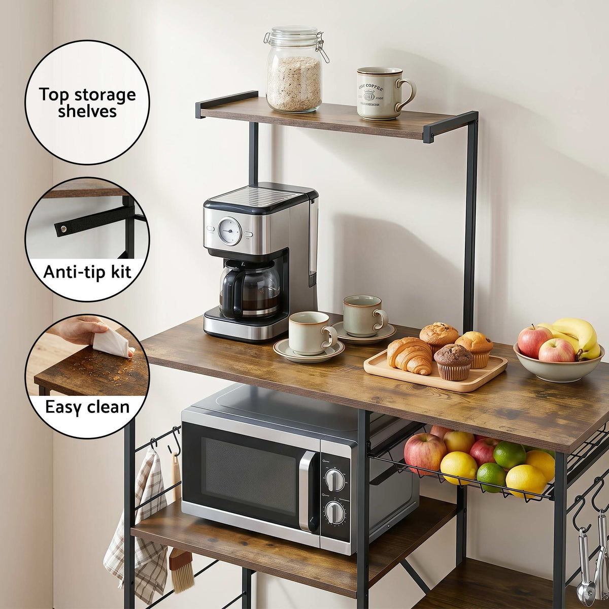 Artiss 4 Tier Kitchen Storage Rack with Pull Out Basket and 6 Hooks