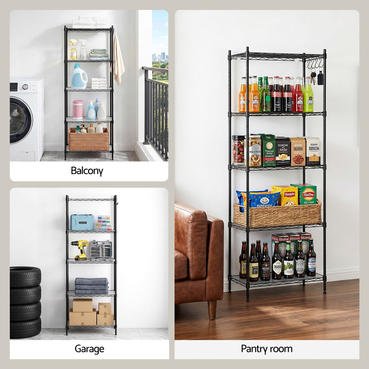 Artiss 5-Tier Kitchen Shelving Unit Metal Storage Shelf Black