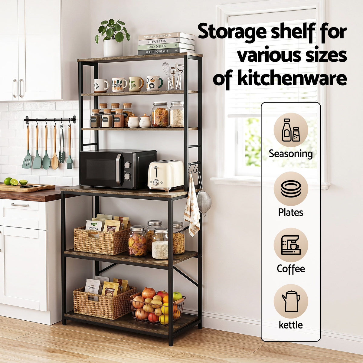 Artiss 6-Tier Kitchen Rack with 6 Hooks Microwave Shelf