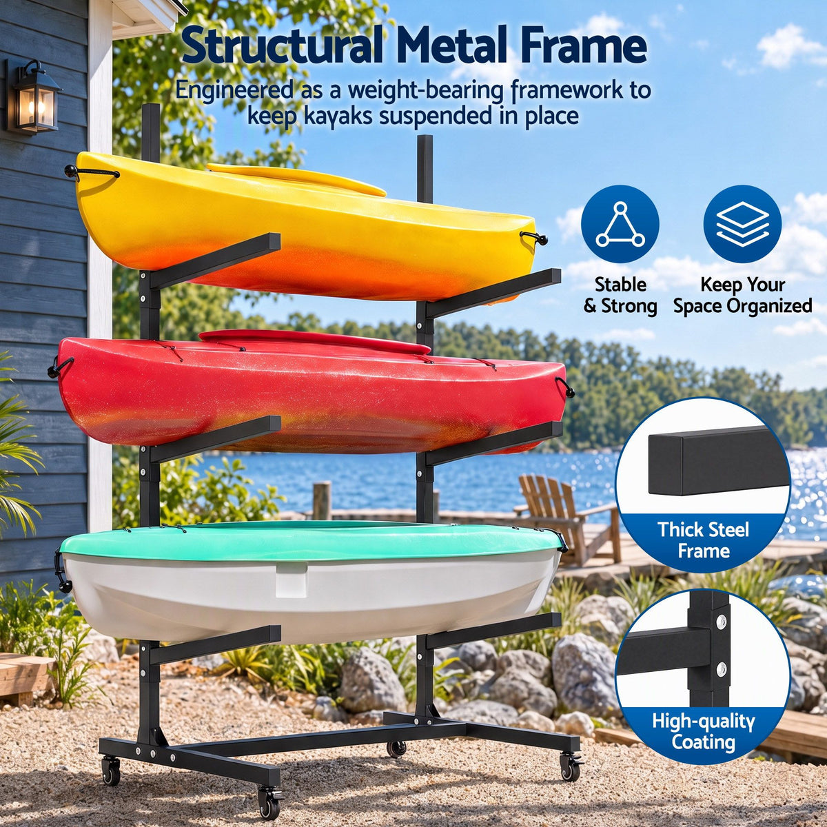 Weisshorn Kayak Storage Rack 3-Tier Canoe SUP Paddleboard Garage 80kg Casters