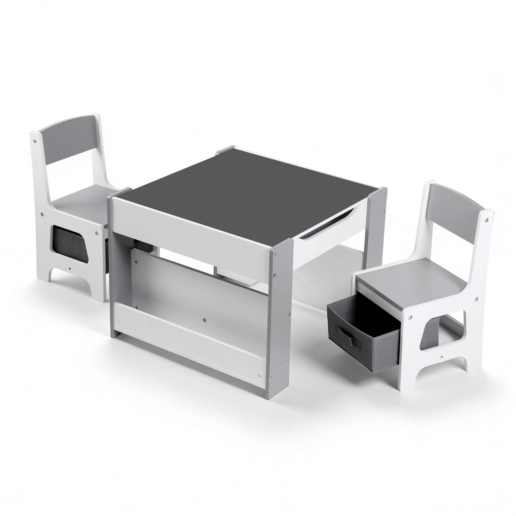 Keezi Kids Table and Chair Set, 4 in 1 Wooden Activity Table with Bookcase, Storage Box and Detachable Blackboard, Toddler Table and 2 Chairs Set, Grey