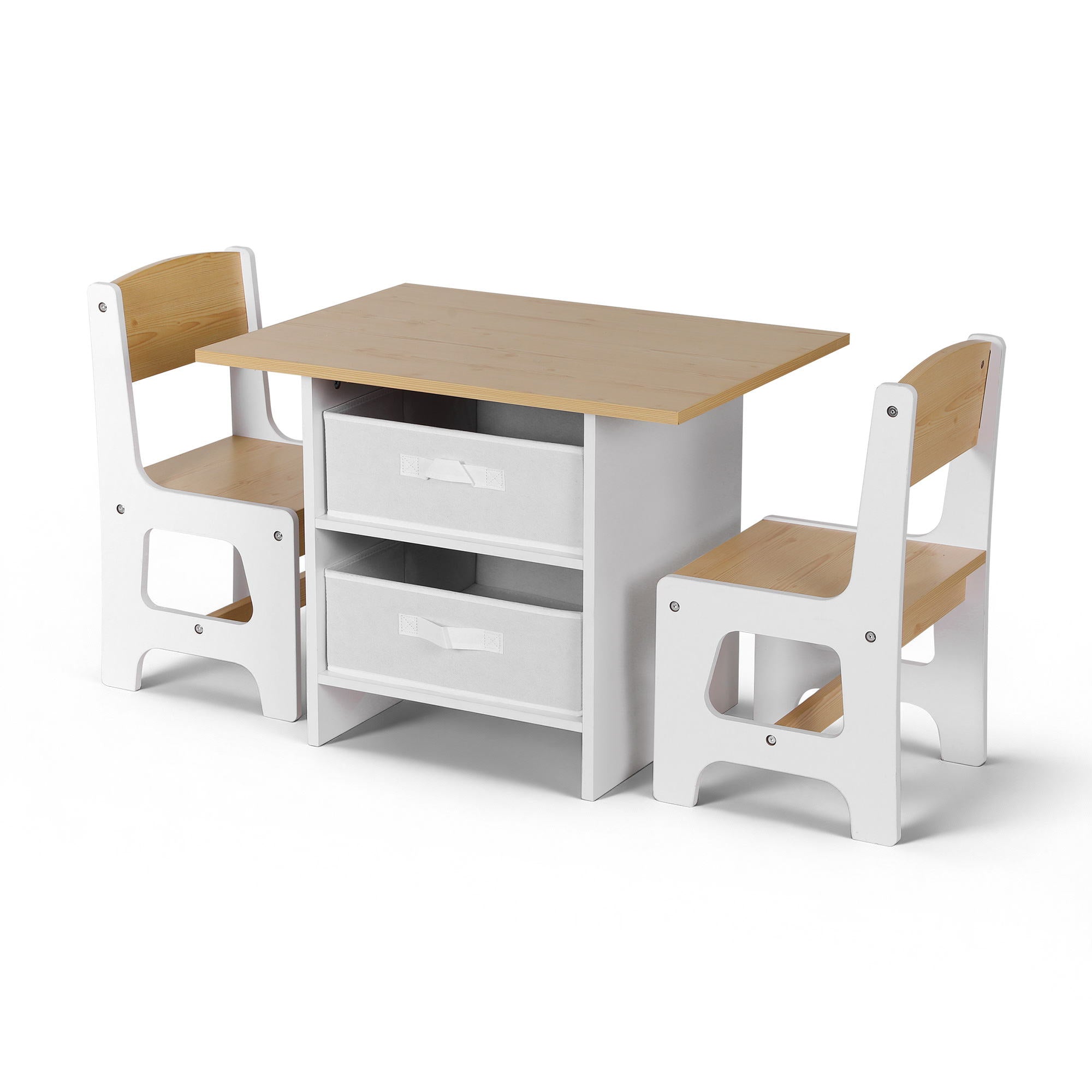 Keezi Kids Table and 2 Chairs Set Wooden Activity Table wit 2 Storage Drawers, Toddler Table and Chair Set for Children Drawing, Reading, Crafts, Eating, Natural