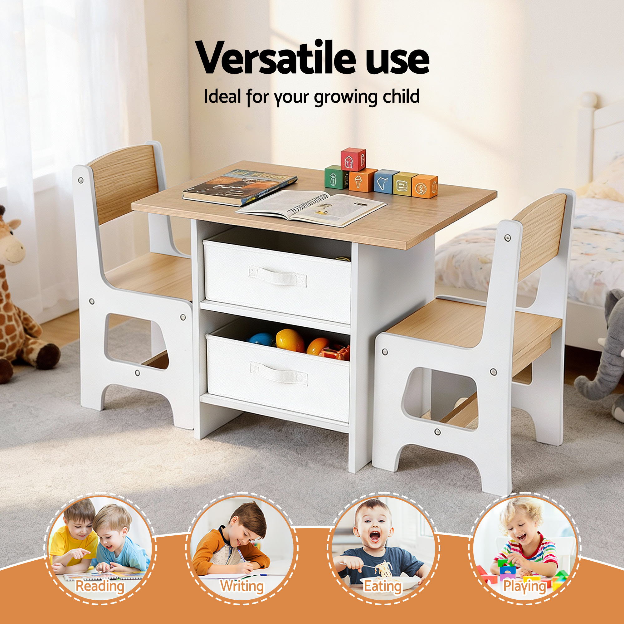 Keezi Kids Table and 2 Chairs Set Wooden Activity Table wit 2 Storage Drawers, Toddler Table and Chair Set for Children Drawing, Reading, Crafts, Eating, Natural