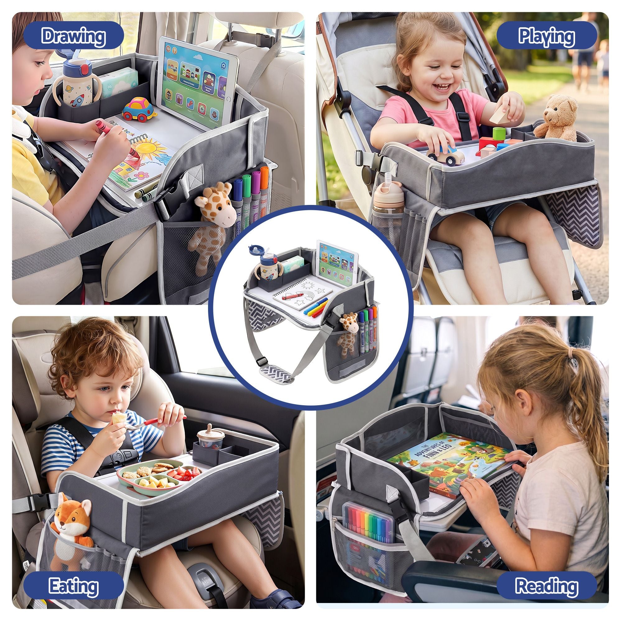 Keezi Kids Travel Tray Car Seat Lap Desk Portable Car Desk Organiser for Car & Airplane Grey