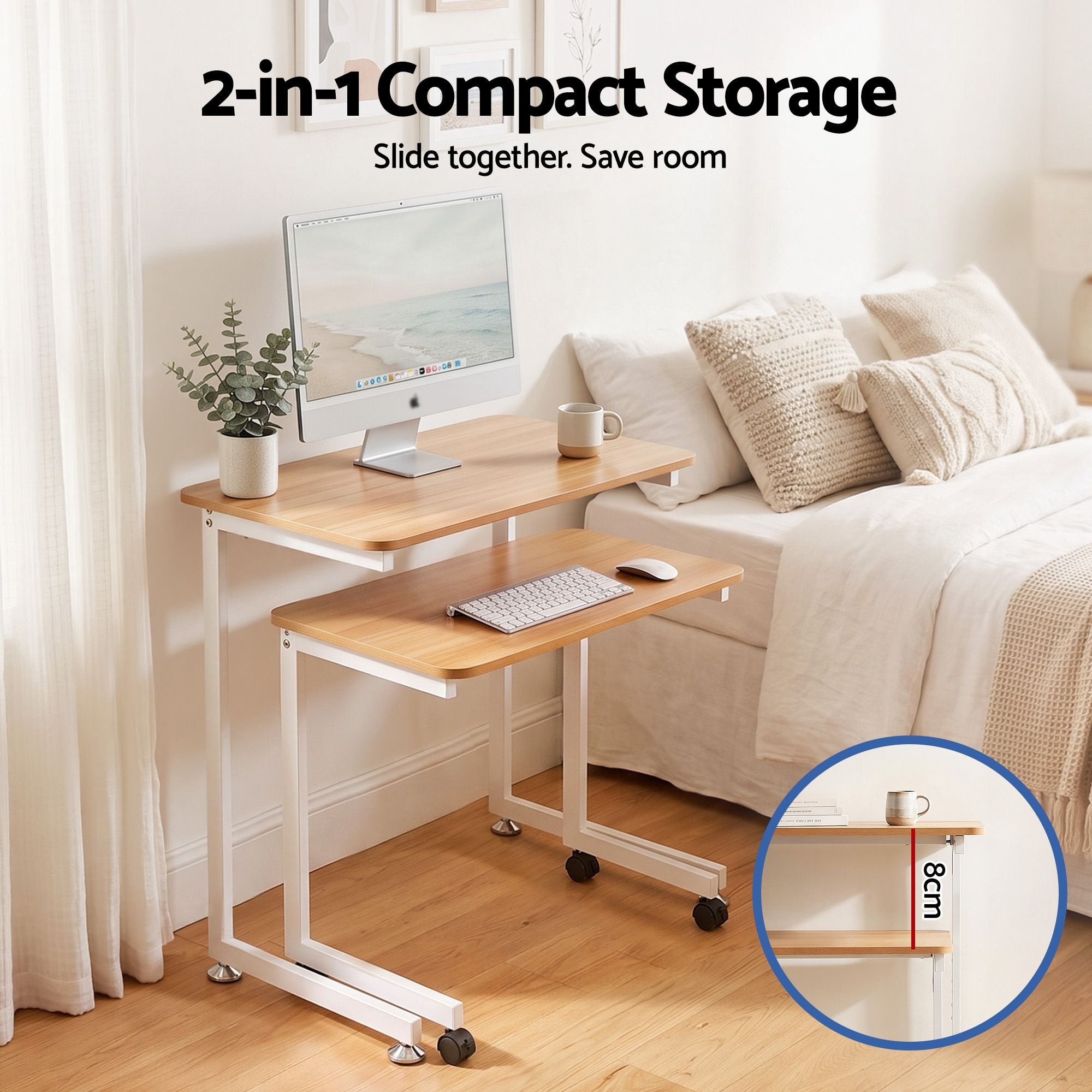 Artiss Mobile Laptop Desk Set 2-In-1 C-Shaped Nesting Table Oak
