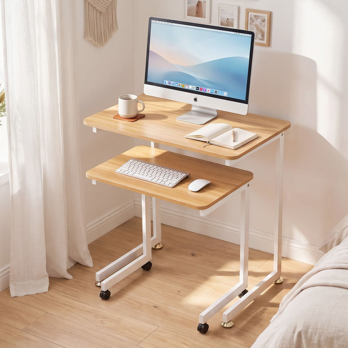 Artiss Mobile Laptop Desk Set 2-In-1 C-Shaped Nesting Table Oak