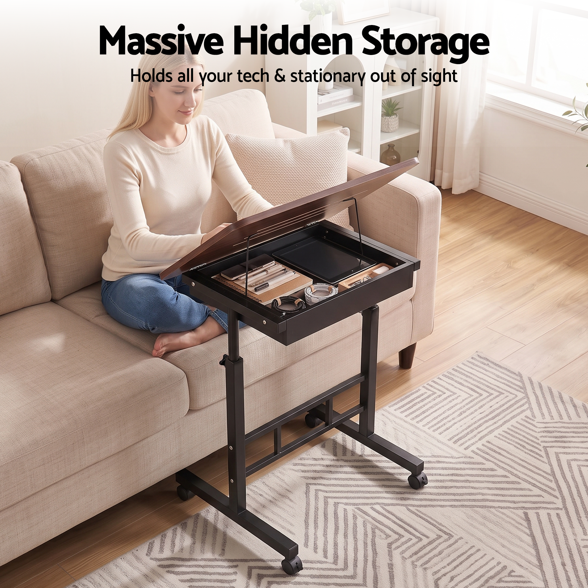 Artiss Adjustable Laptop Desk Mobile Bedside Table Hidden Storage Walnut