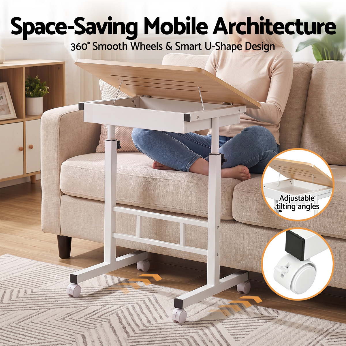 Artiss Adjustable Laptop Desk Mobile Bedside Table Hidden Storage Wood