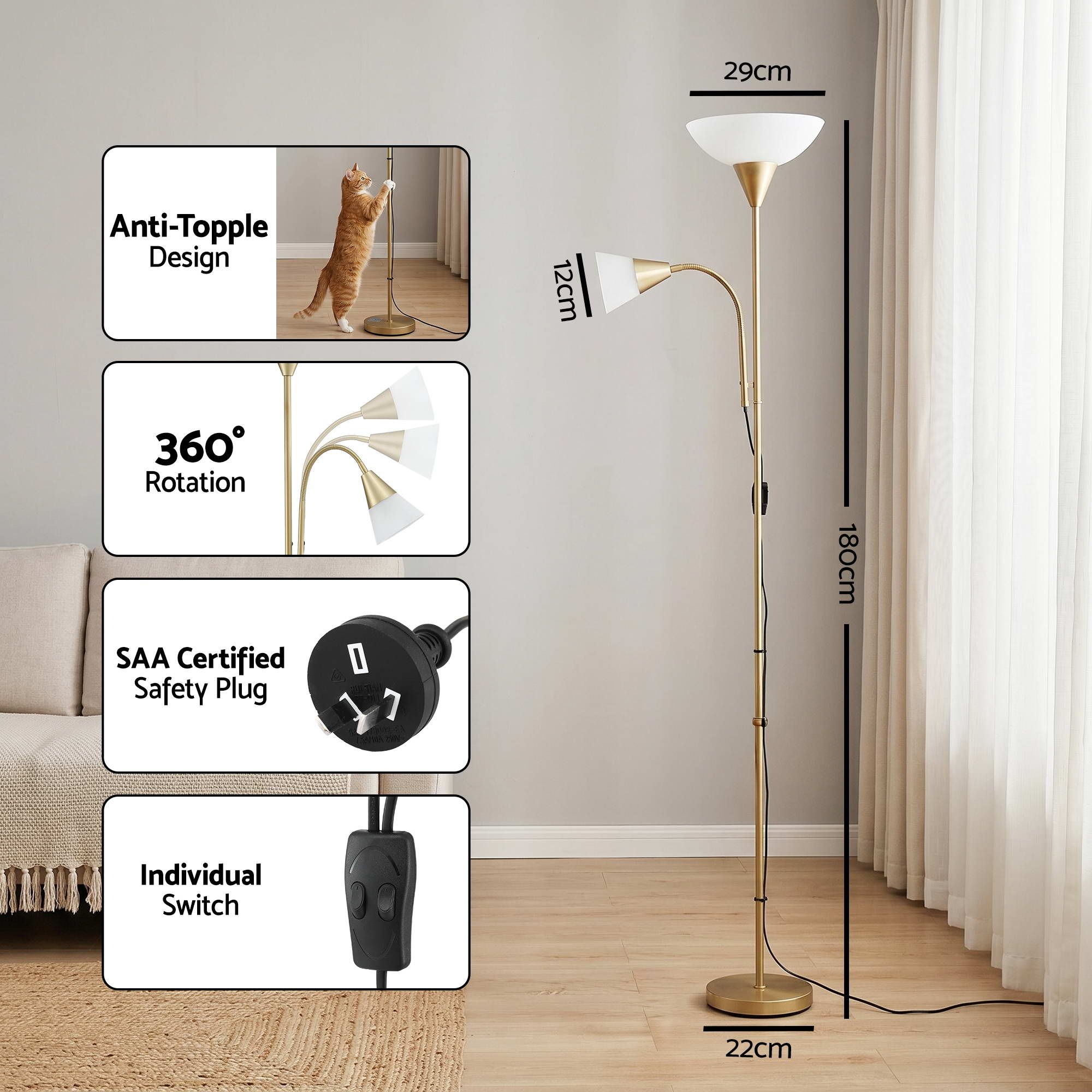 Artiss Gold Floor Lamp with Reading Light | Mother and Child Standing Lamp with 360 Flexible Gooseneck, Individual Switch & Plate Shade, E27 & E14 Bulb Not Included Home Living Room Office Reading