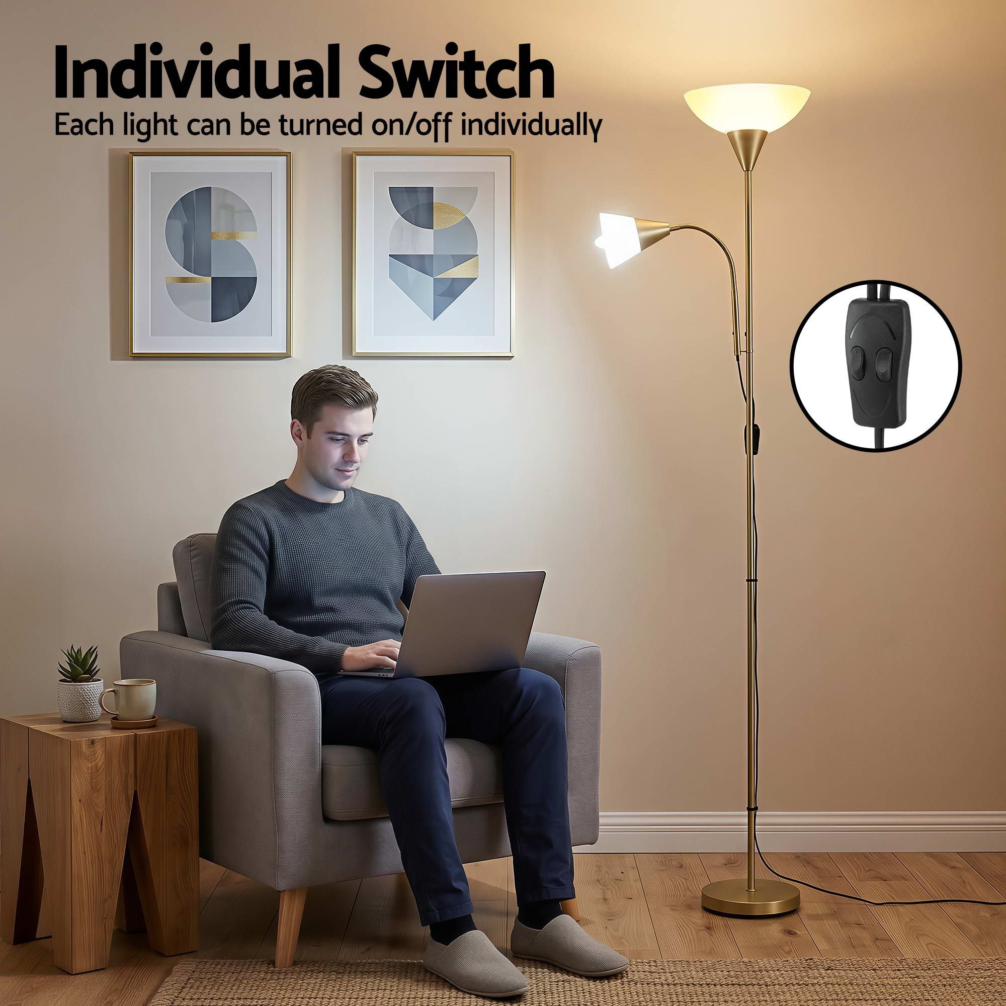 Artiss Gold Floor Lamp with Reading Light | Mother and Child Standing Lamp with 360 Flexible Gooseneck, Individual Switch & Plate Shade, E27 & E14 Bulb Not Included Home Living Room Office Reading