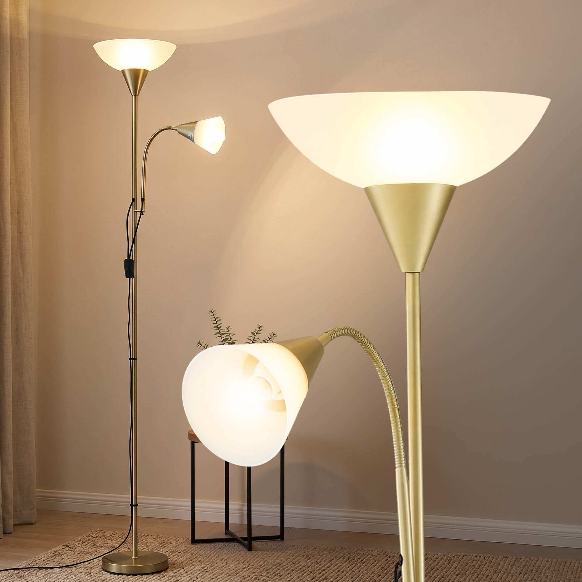 Artiss Gold Floor Lamp with Reading Light | Mother and Child Standing Lamp with 360 Flexible Gooseneck, Individual Switch & Plate Shade, E27 & E14 Bulb Not Included Home Living Room Office Reading