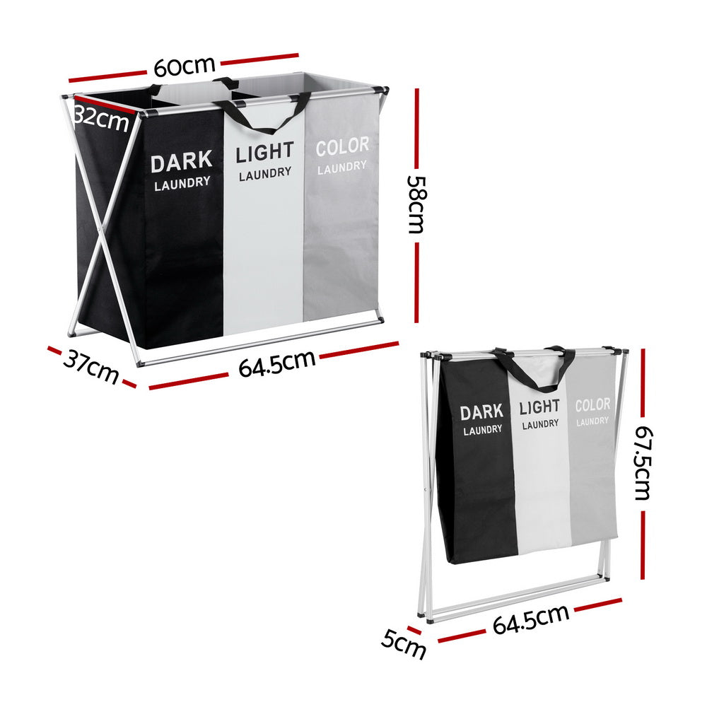 Artiss Large Foldable Laundry Hamper 3 Sections Black/White/Grey