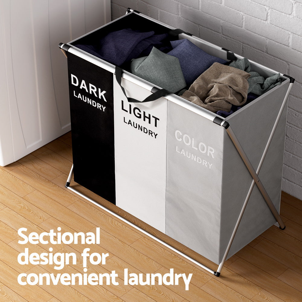Artiss Large Foldable Laundry Hamper 3 Sections Black/White/Grey