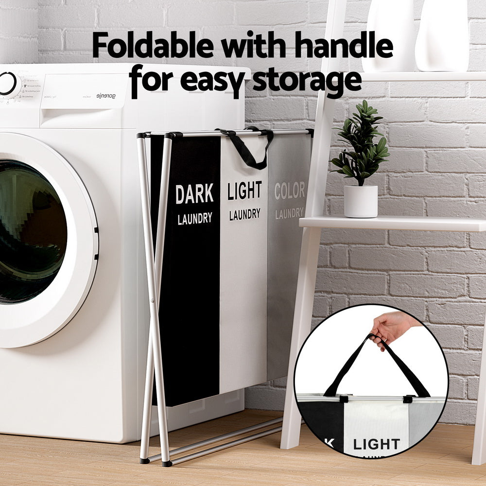 Artiss Large Foldable Laundry Hamper 3 Sections Black/White/Grey