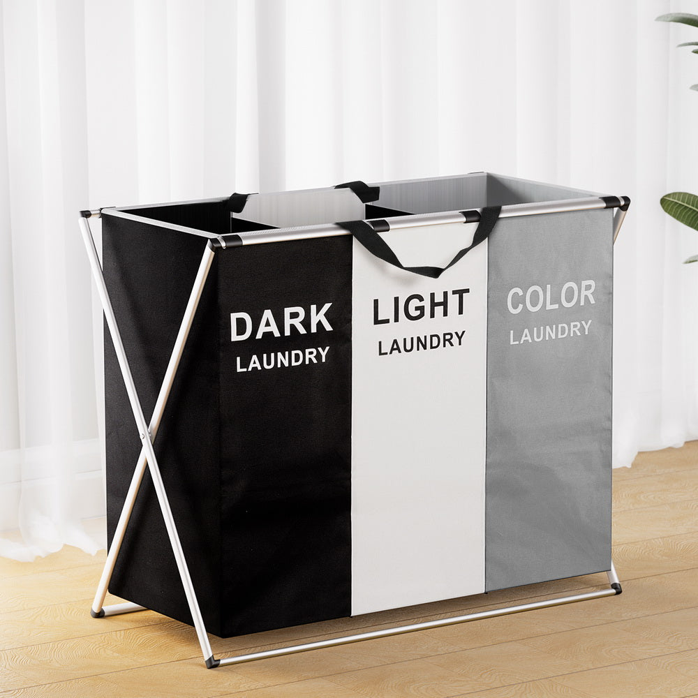 Artiss Large Foldable Laundry Hamper 3 Sections Black/White/Grey