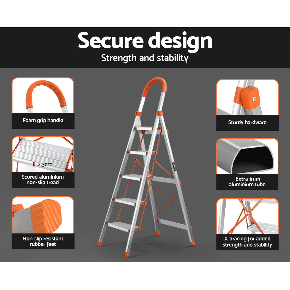 Giantz 5 Step Ladder Folding Aluminium Lightweight Non-Slip