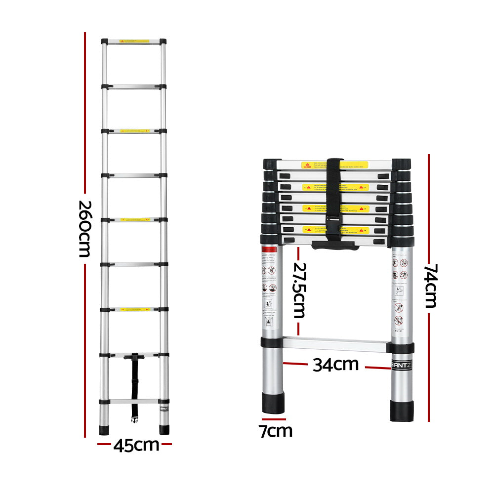 Giantz 2.6M Telescopic Ladder Aluminium Extension Adjustable Silver