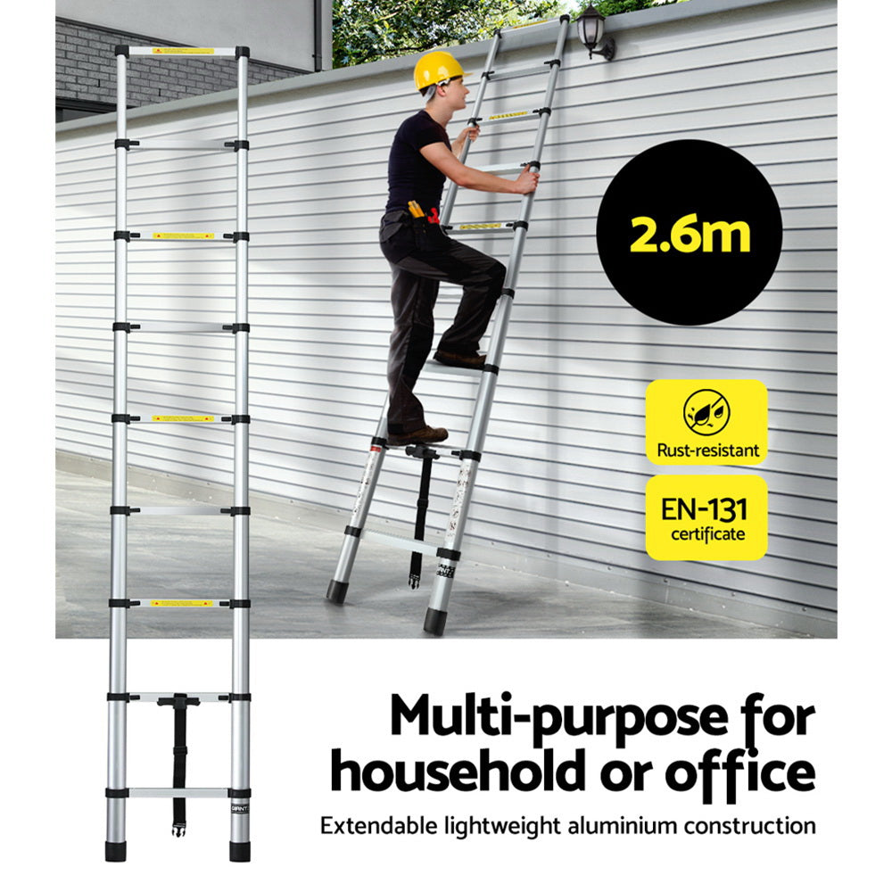 Giantz 2.6M Telescopic Ladder Aluminium Extension Adjustable Silver
