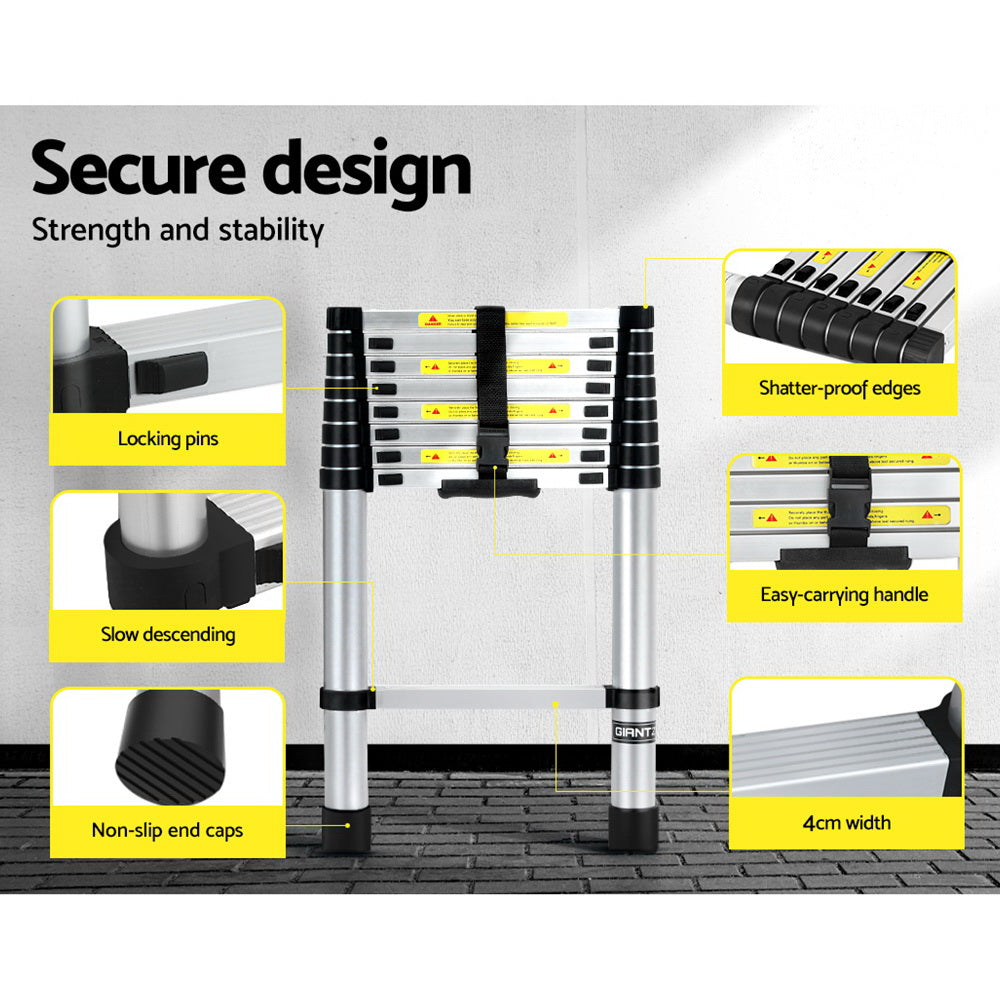 Giantz 2.6M Telescopic Ladder Aluminium Extension Adjustable Silver