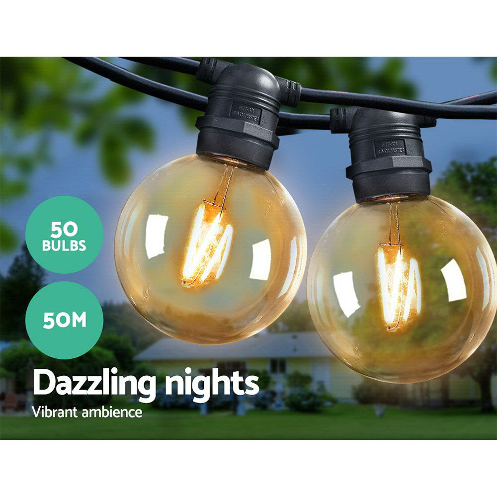 Jingle Jollys 50m LED Festoon String Lights 50 Bulbs Wedding Party Christmas G80