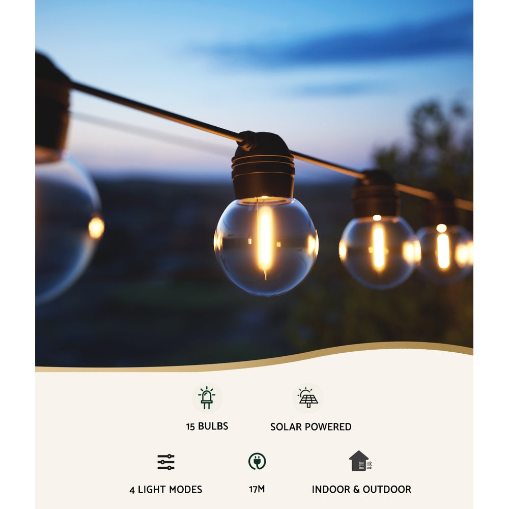 Solar Festoon String Lights 34m LED Outdoor/Indoor Warm White 2 Pack