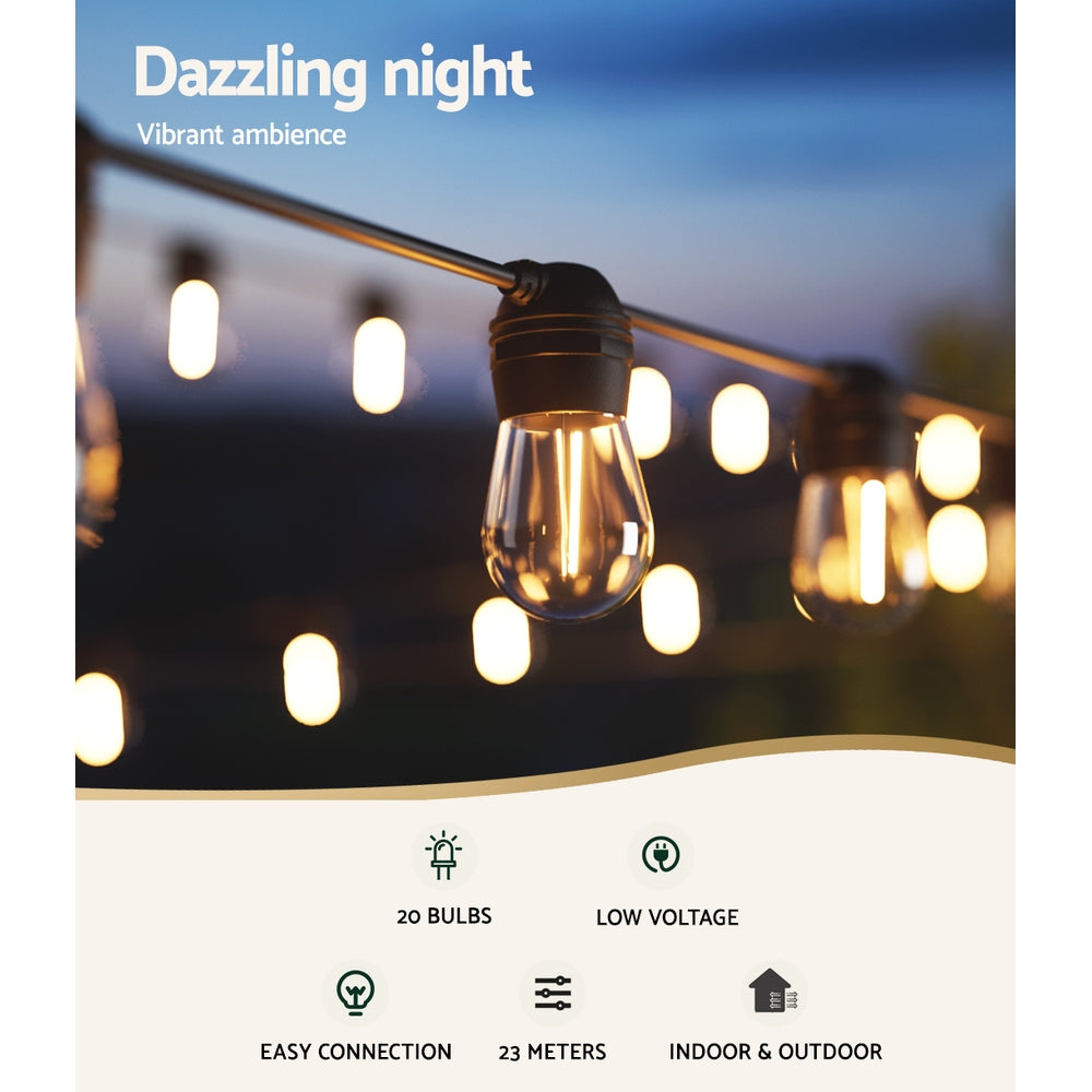 23m Solar Festoon String Lights LED Warm White Outdoor Indoor