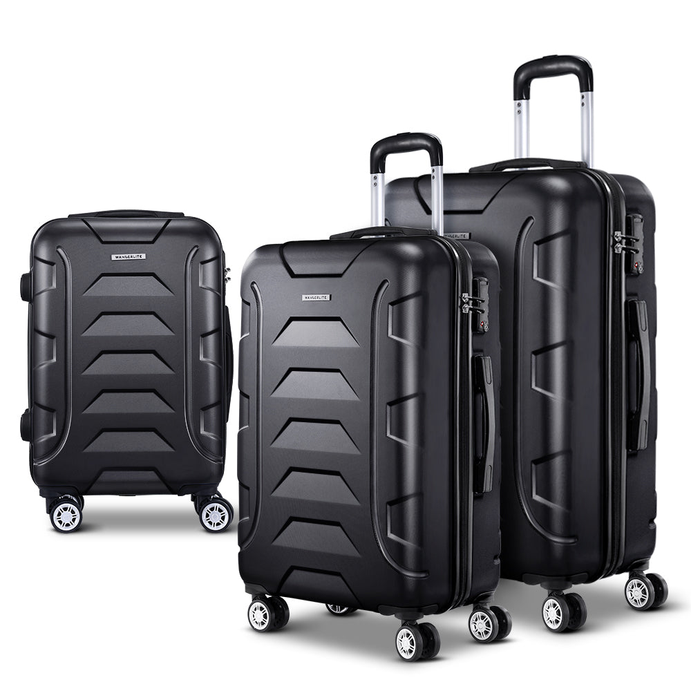 Wanderlite 3-Piece Luggage Set 20-24-28 Inch Hard Shell Spinner Black