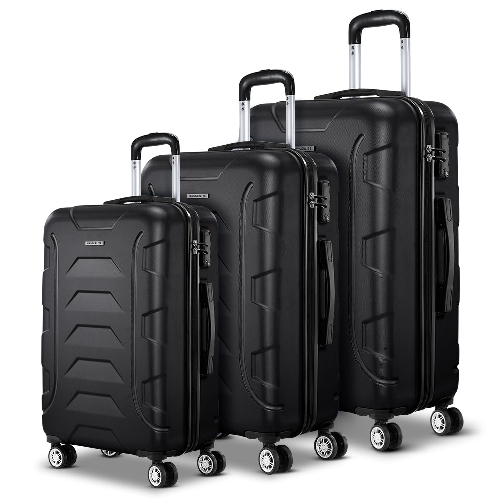 Wanderlite 3-Piece Luggage Set 20-24-28 Inch Hard Shell Spinner Black