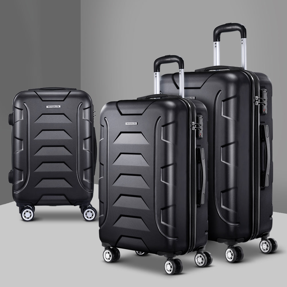 Wanderlite 3-Piece Luggage Set 20-24-28 Inch Hard Shell Spinner Black
