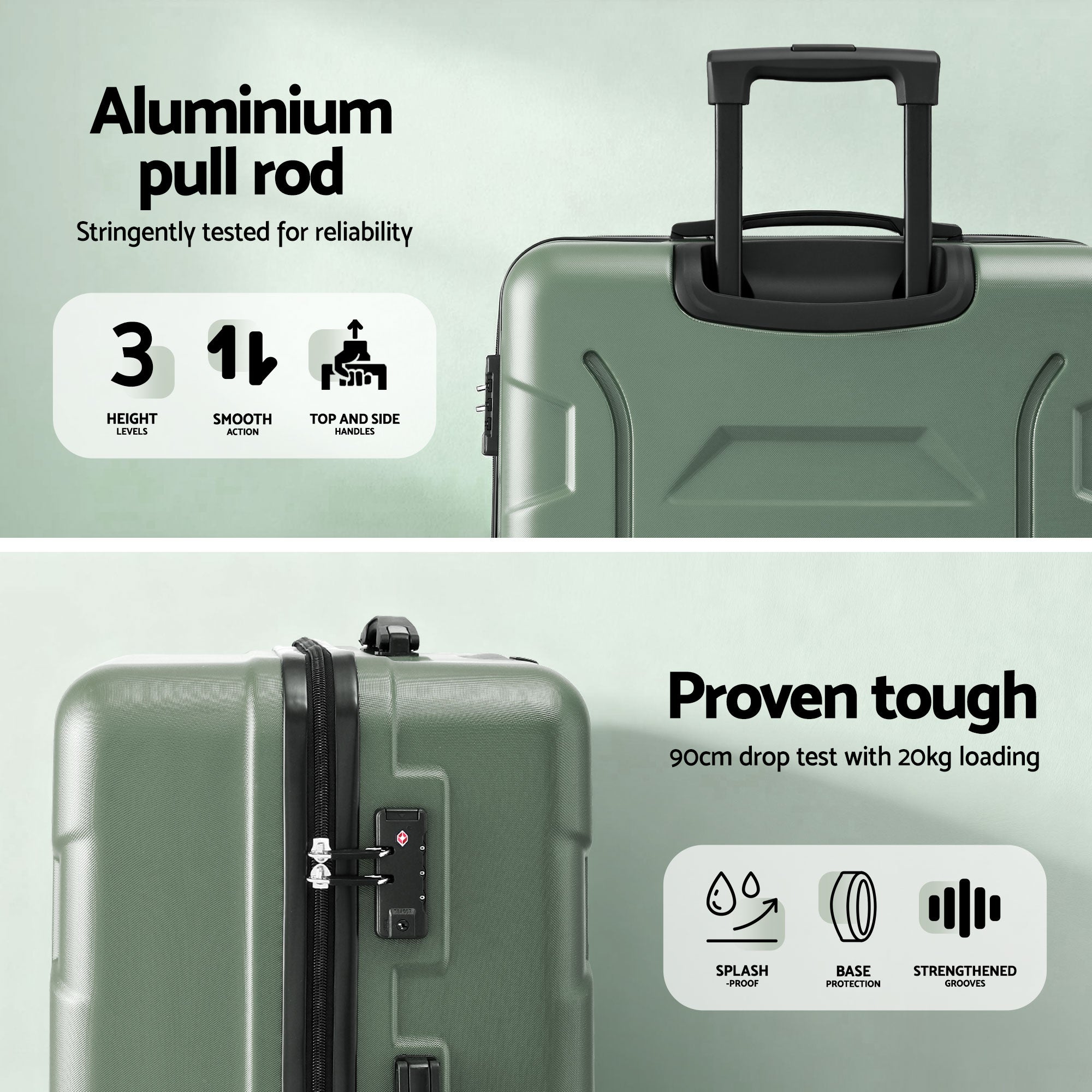 Wanderlite 3pcs Luggage Suitcase Set Trolley Travel TSA Lightweight Hard Case Grey Green